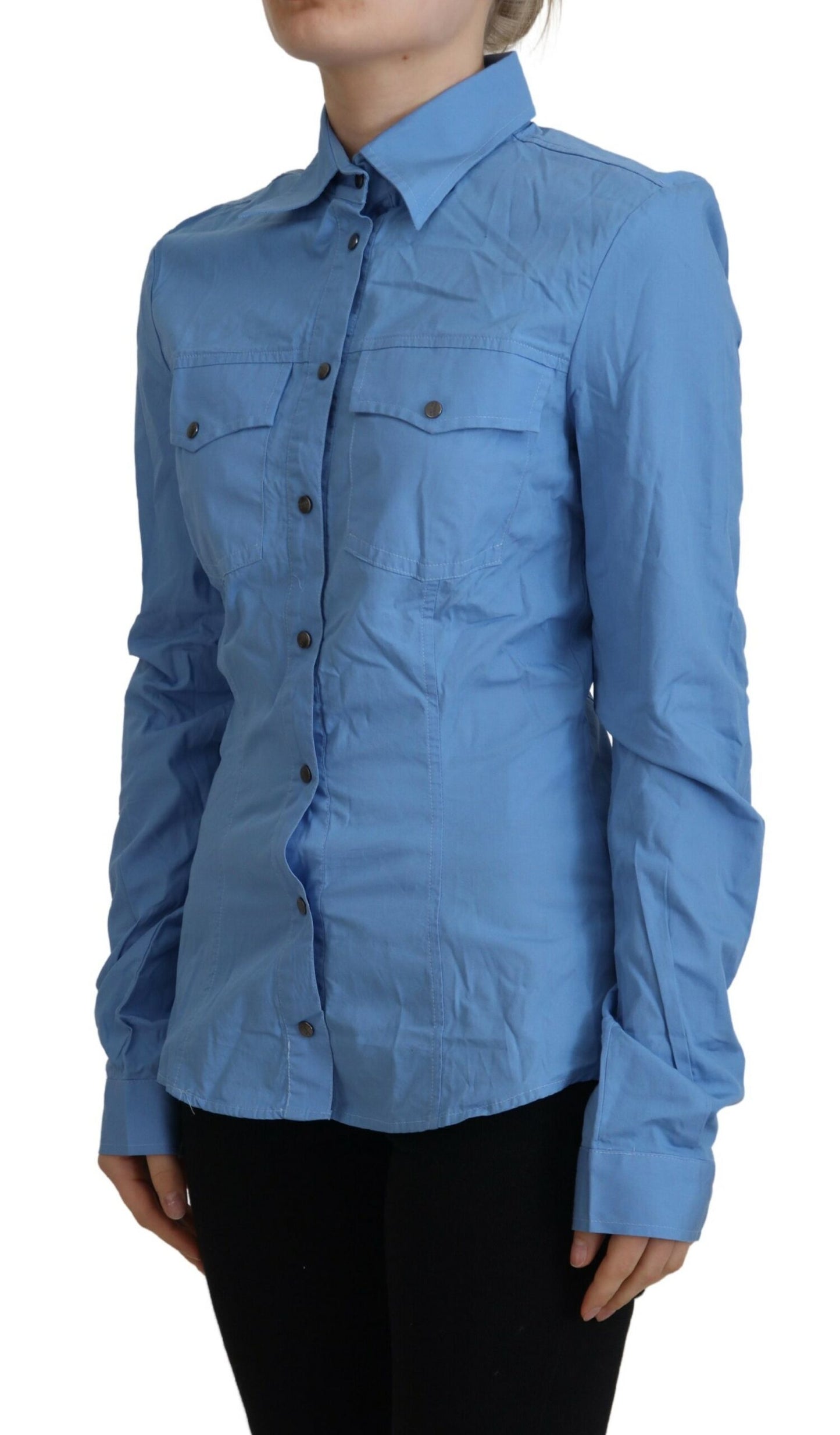Ferre Women's Blue Cotton Long Sleeves Collared Button Down Top