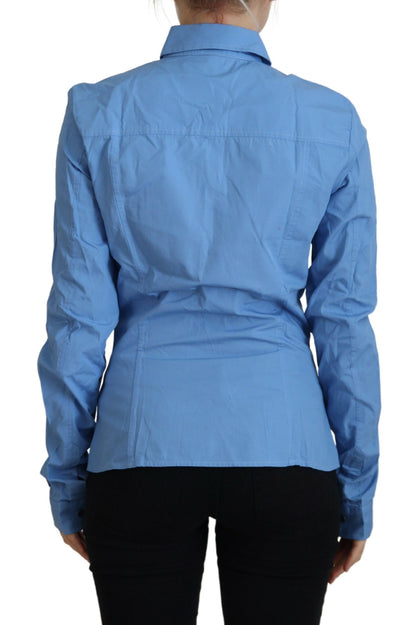 Ferre Women's Blue Cotton Long Sleeves Collared Button Down Top