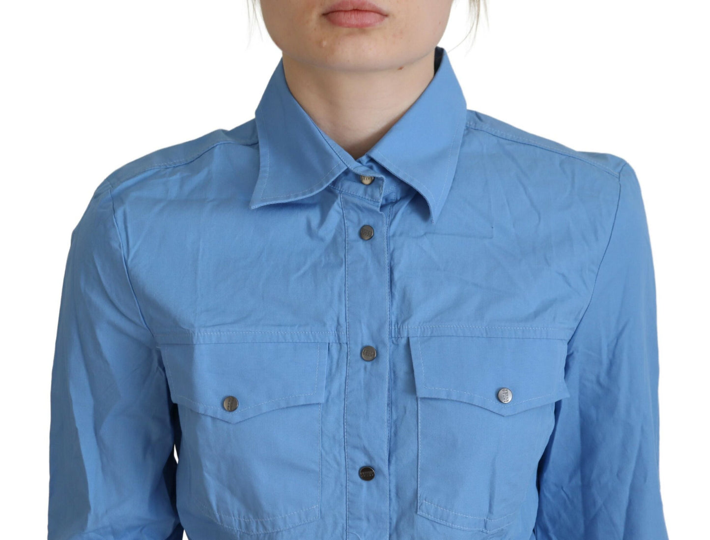 Ferre Women's Blue Cotton Long Sleeves Collared Button Down Top