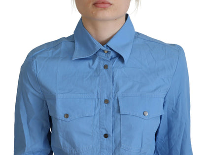 Ferre Women's Blue Cotton Long Sleeves Collared Button Down Top