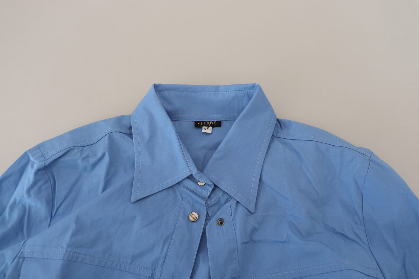 Ferre Women's Blue Cotton Long Sleeves Collared Button Down Top