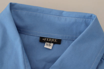 Ferre Women's Blue Cotton Long Sleeves Collared Button Down Top