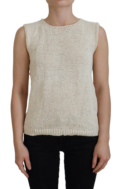 Pink Memories Beige Cotton Blend Sleeveless Round Neck Tank Top