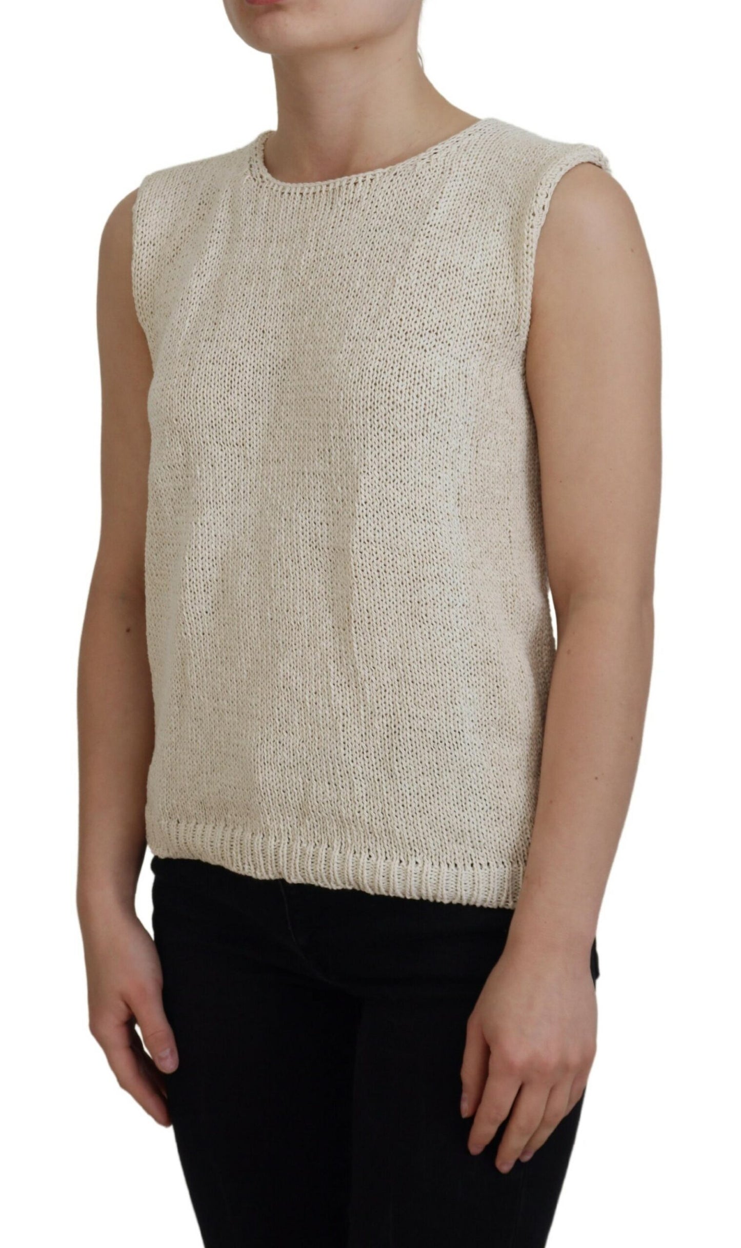 Pink Memories Beige Cotton Blend Sleeveless Round Neck Tank Top