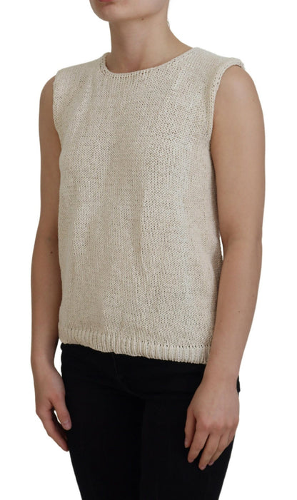 Pink Memories Beige Cotton Blend Sleeveless Round Neck Tank Top