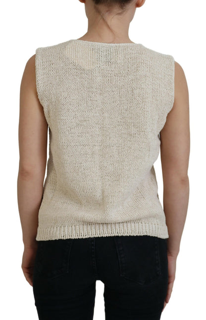 Pink Memories Beige Cotton Blend Sleeveless Round Neck Tank Top