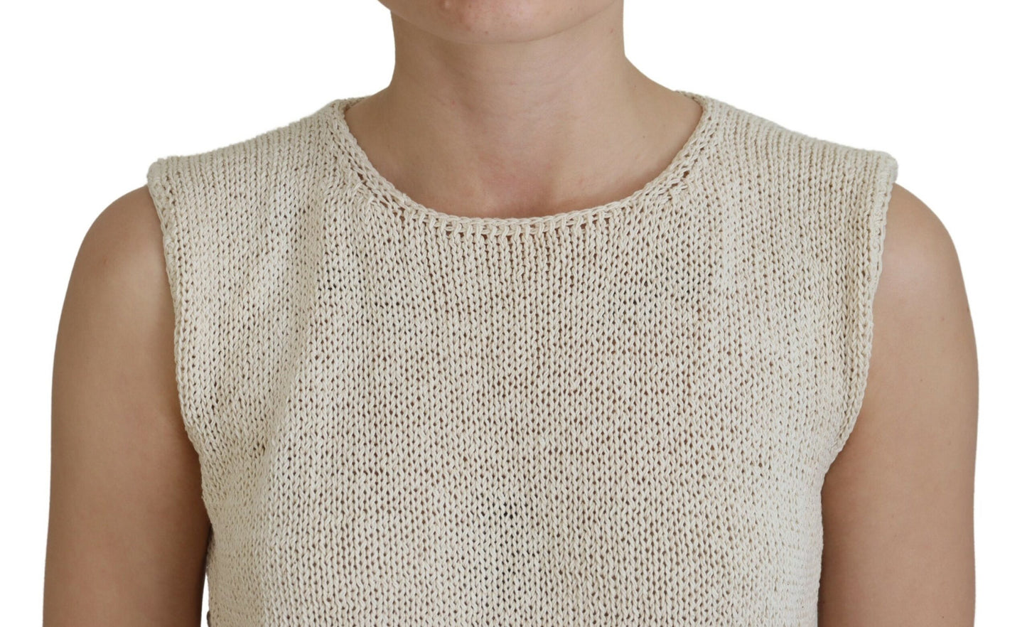 Pink Memories Beige Cotton Blend Sleeveless Round Neck Tank Top