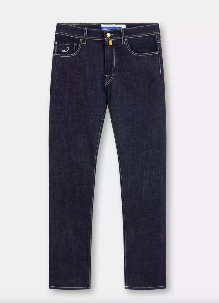 Jeans by Jacob Cohen for men in stretch denim cotton dark-blue features a polished silhouette with a polished straight-leg & regular-fit, reaching a polished long and finished with a polished .