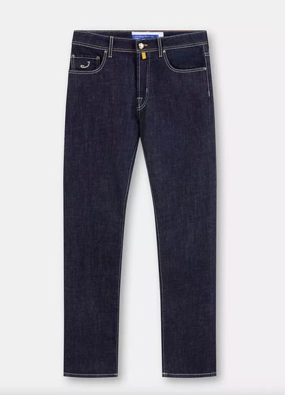 Jeans by Jacob Cohen for men in stretch denim cotton dark-blue features a polished silhouette with a polished straight-leg & regular-fit, reaching a polished long and finished with a polished .