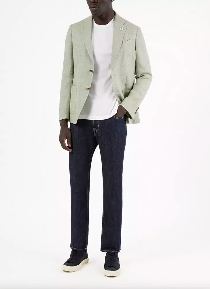 Jeans by Jacob Cohen for men in stretch denim cotton dark-blue features a refined silhouette with a refined straight-leg & regular-fit, defined by a and a refined long for a refined finish.