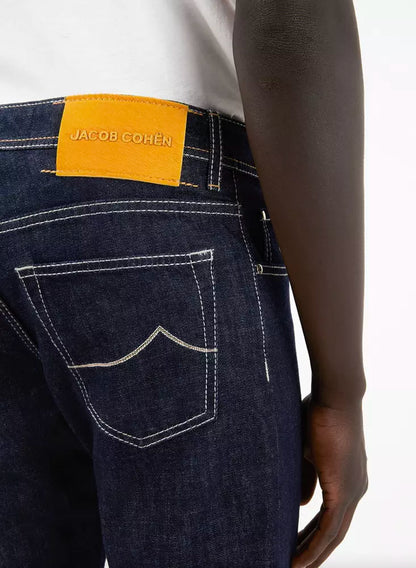 Jeans by Jacob Cohen for men in stretch denim cotton dark-blue presents a tailored silhouette, showcasing a tailored straight-leg & regular-fit and long cut with a refined for a truly tailored aesthetic.