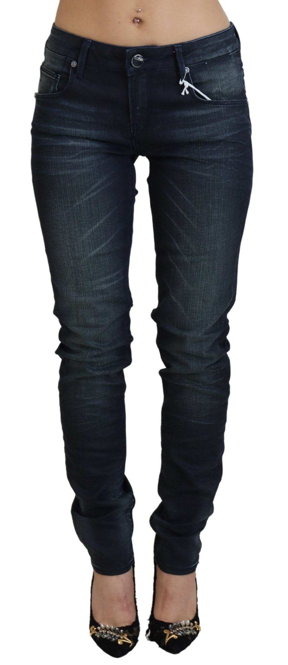 Acht Women's Blue Washed Low Waist Slim Fit Cotton Denim Jeans
