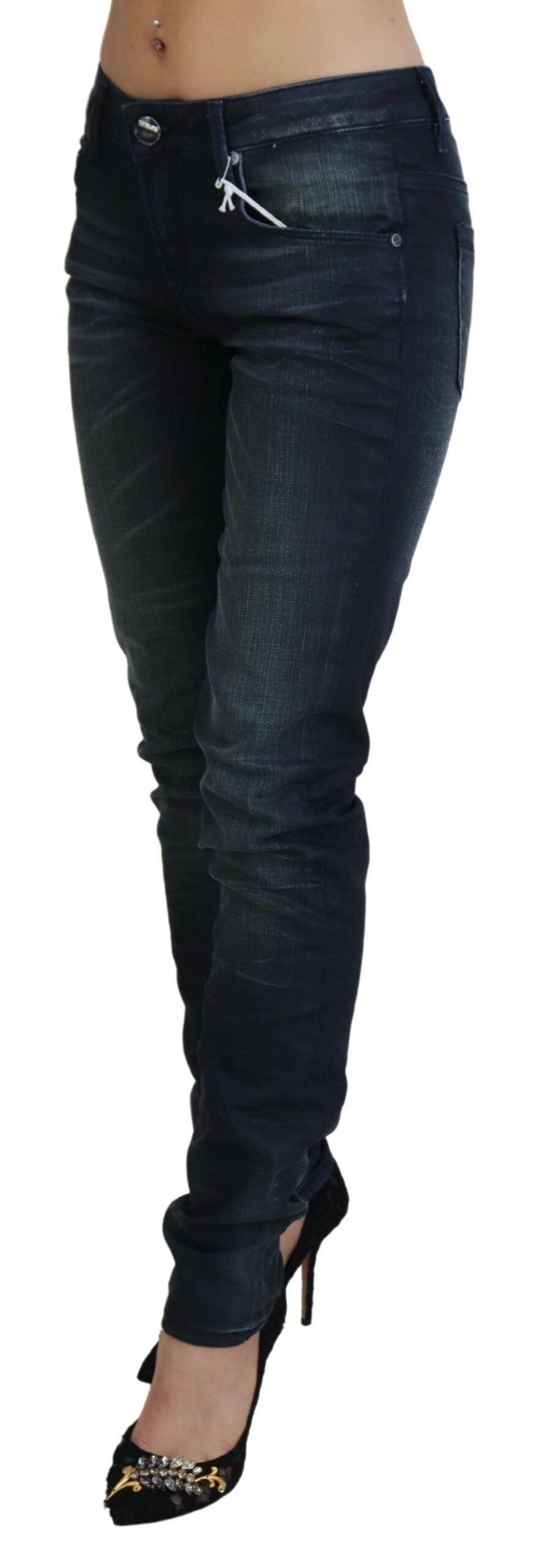 Acht Women's Blue Washed Low Waist Slim Fit Cotton Denim Jeans