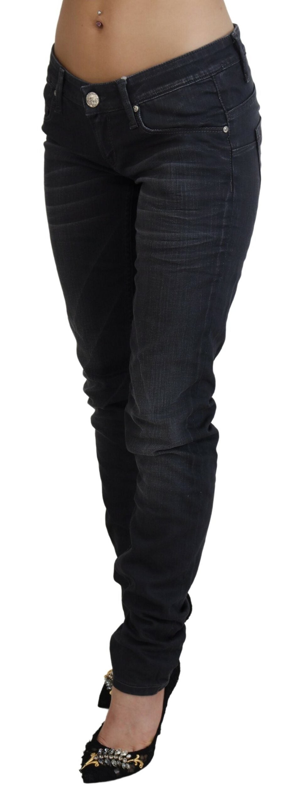 Acht Women's Black Washed Low Waist Slim Fit Cotton Denim Jeans