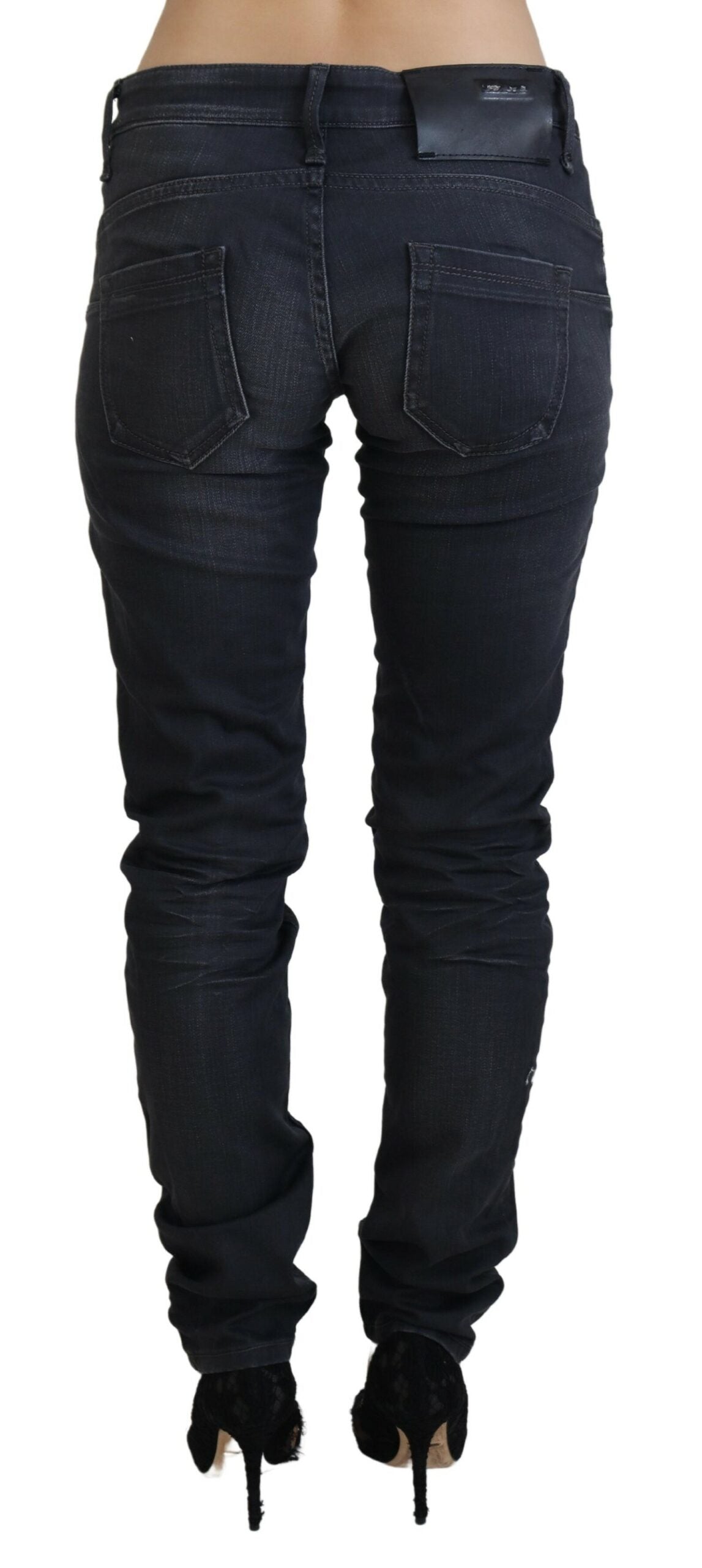 Acht Women's Black Washed Low Waist Slim Fit Cotton Denim Jeans