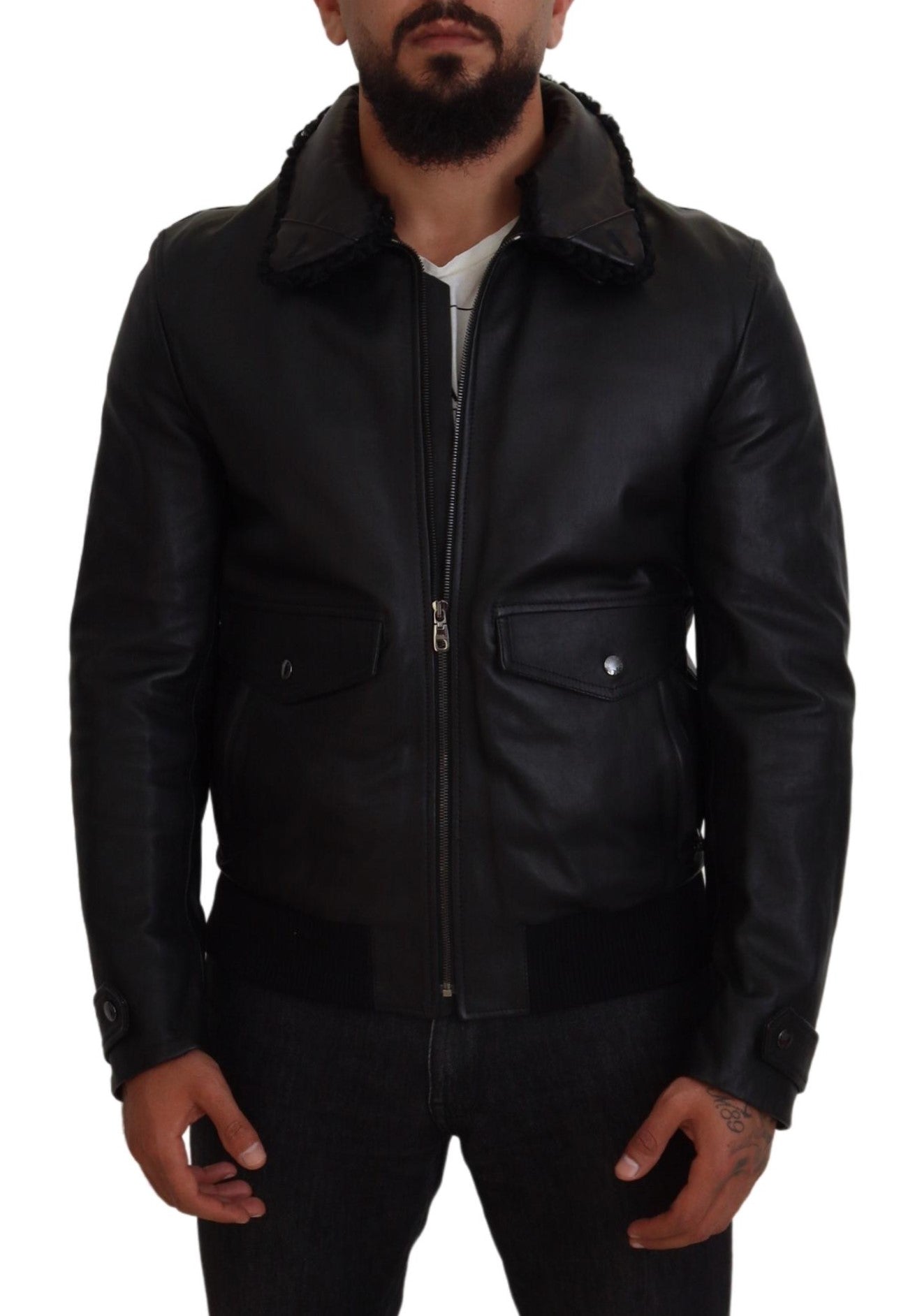Dolce & Gabbana Men's Chic Black Leather Silk-Lined Jacket