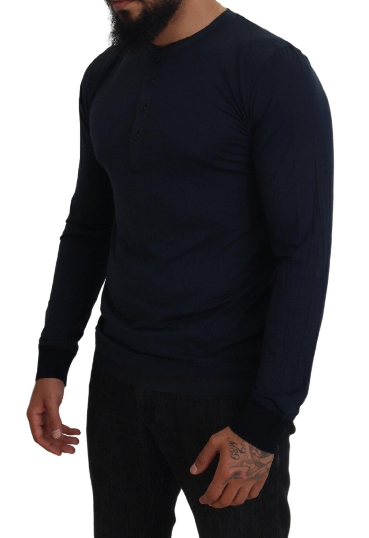 Dolce & Gabbana Men's Blue Cotton Button Crewneck Pullover Sweater