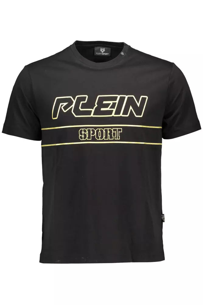 T-Shirt by Plein Sport for men in cotton black & print showcases a fashionable silhouette, elegantly detailed with a fashionable short-sleeve and crew neckline for a sophisticated, high-fashion look.