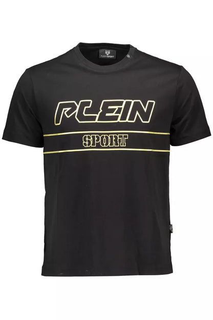 T-Shirt by Plein Sport for men in cotton black & print showcases a fashionable silhouette, elegantly detailed with a fashionable short-sleeve and crew neckline for a sophisticated, high-fashion look.
