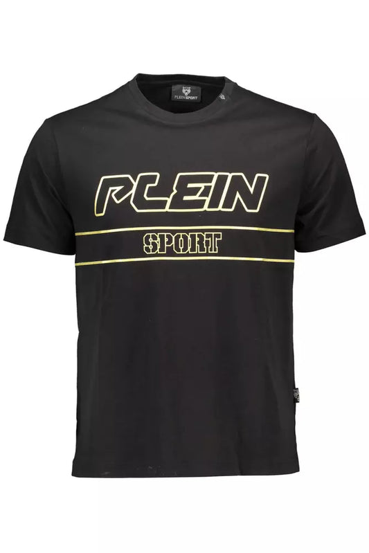 T-Shirt by Plein Sport for men in cotton black & print showcases a fashionable silhouette, elegantly detailed with a fashionable short-sleeve and crew neckline for a sophisticated, high-fashion look.