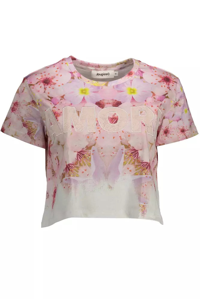 T-Shirt by Desigual for women in cotton pink showcases a unassuming silhouette, artfully detailed with a refined round neckline and unassuming short-sleeve for a sophisticated, contemporary look.
