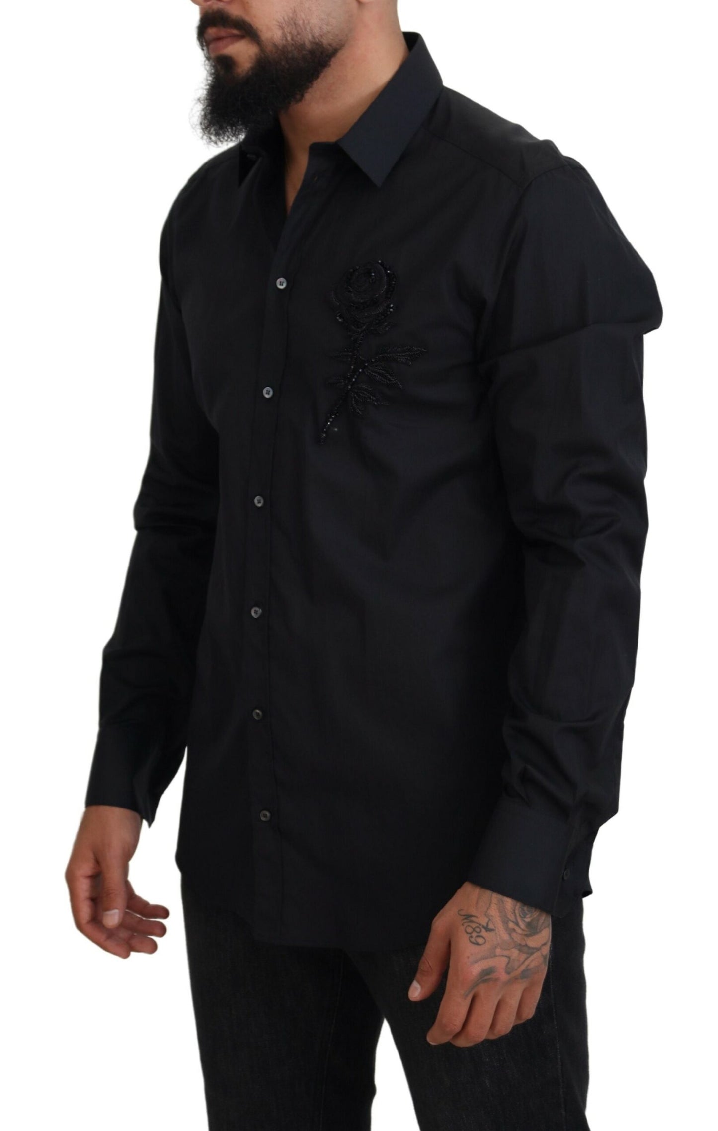 Dolce & Gabbana Men's Black Roses Slim Fit Cotton Shirt