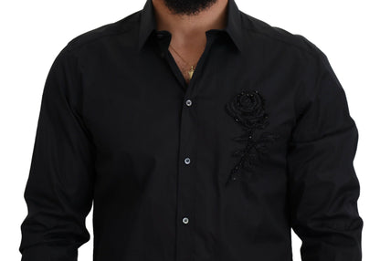 Dolce & Gabbana Men's Black Roses Slim Fit Cotton Shirt