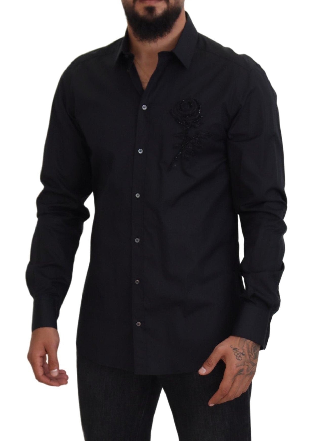 Dolce & Gabbana Men's Black Roses Slim Fit Cotton Shirt