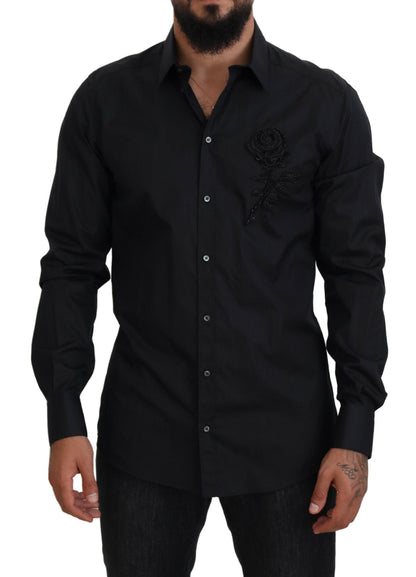 Dolce & Gabbana Men's Black Roses Slim Fit Cotton Shirt