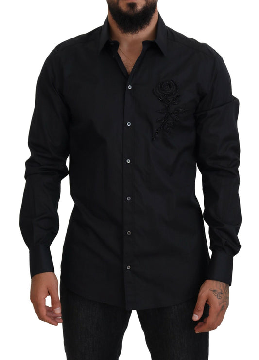 Dolce & Gabbana Men's Black Roses Slim Fit Cotton Shirt