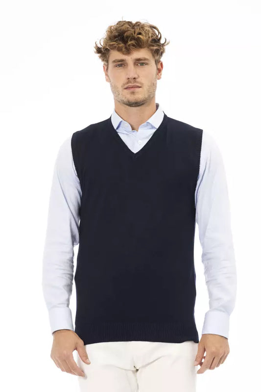 Vest by Alpha Studio for men in nylon & viscose blue showcases a utilitarian silhouette, artfully incorporating and a utilitarian v-neck neckline for a truly utilitarian finish.