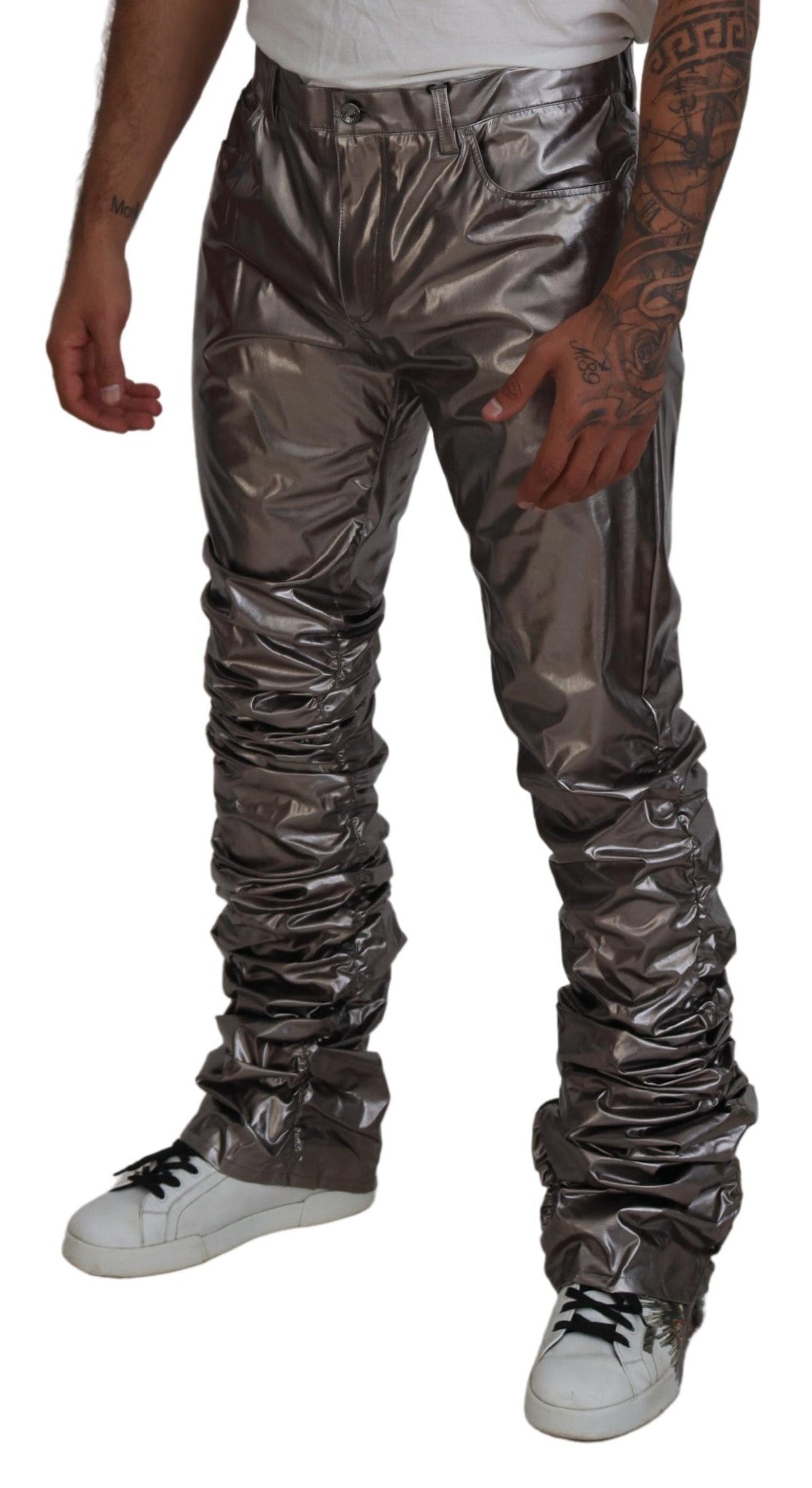 Dolce & Gabbana Men's Silver Metallic Nylon Stretch Pants