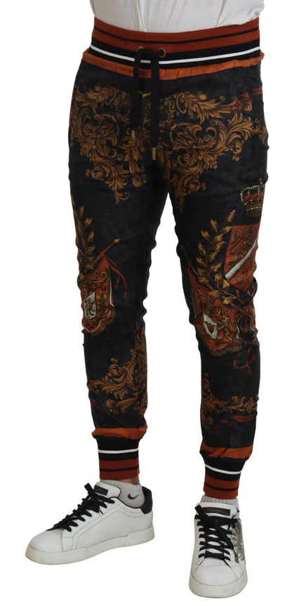 Dolce & Gabbana Men's Gray Silk Baroque Crown Trousers Sport Pants
