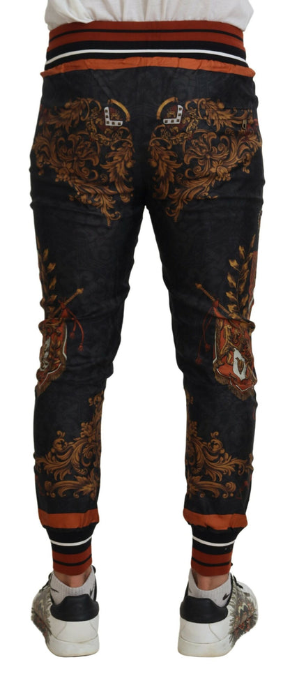 Dolce & Gabbana Men's Gray Silk Baroque Crown Trousers Sport Pants