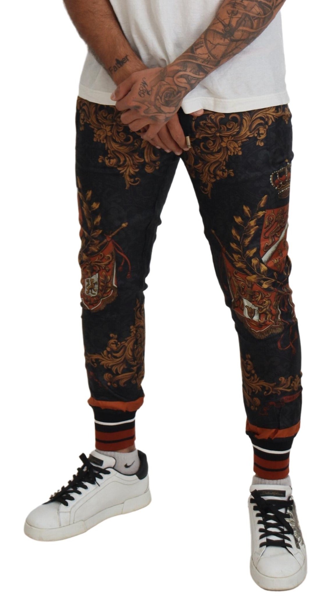 Dolce & Gabbana Men's Gray Silk Baroque Crown Trousers Sport Pants