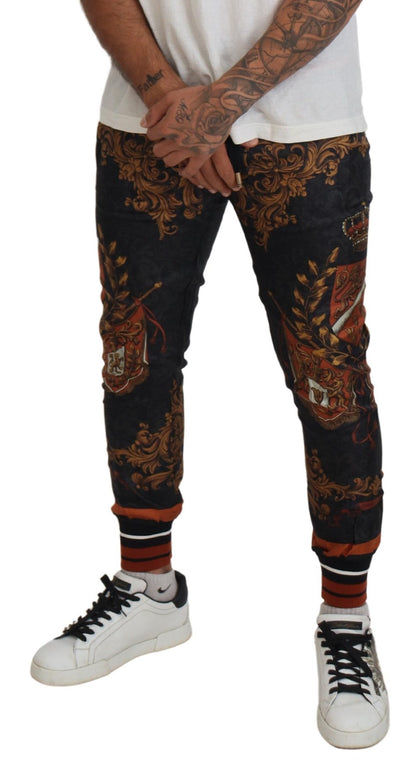 Dolce & Gabbana Men's Gray Silk Baroque Crown Trousers Sport Pants