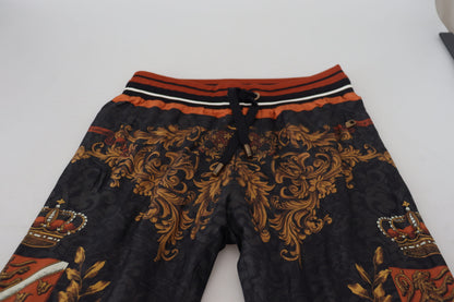 Dolce & Gabbana Men's Gray Silk Baroque Crown Trousers Sport Pants