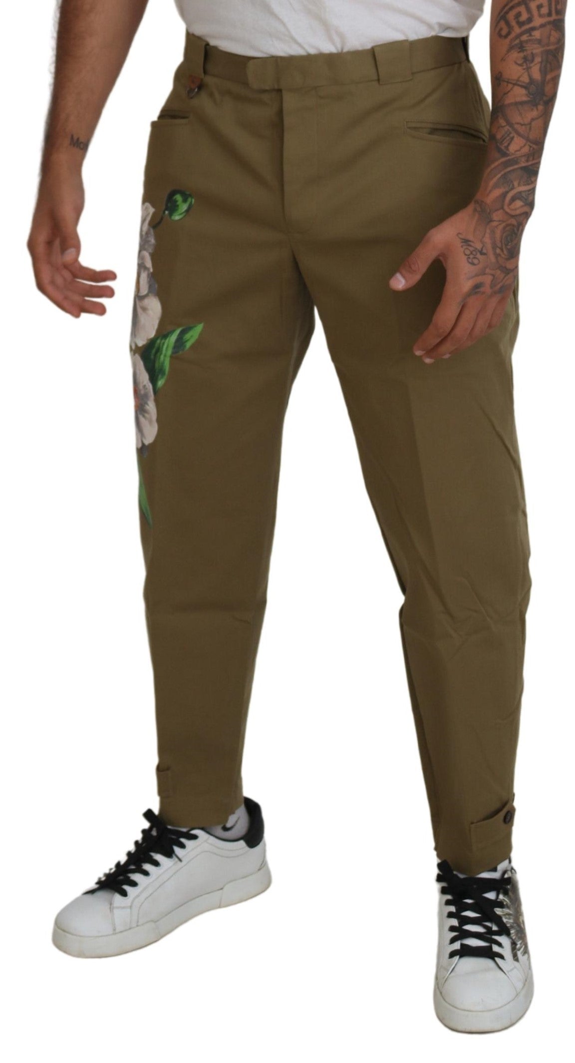 Dolce & Gabbana Men's Beige Cotton Stretch Floral Chinos Pants