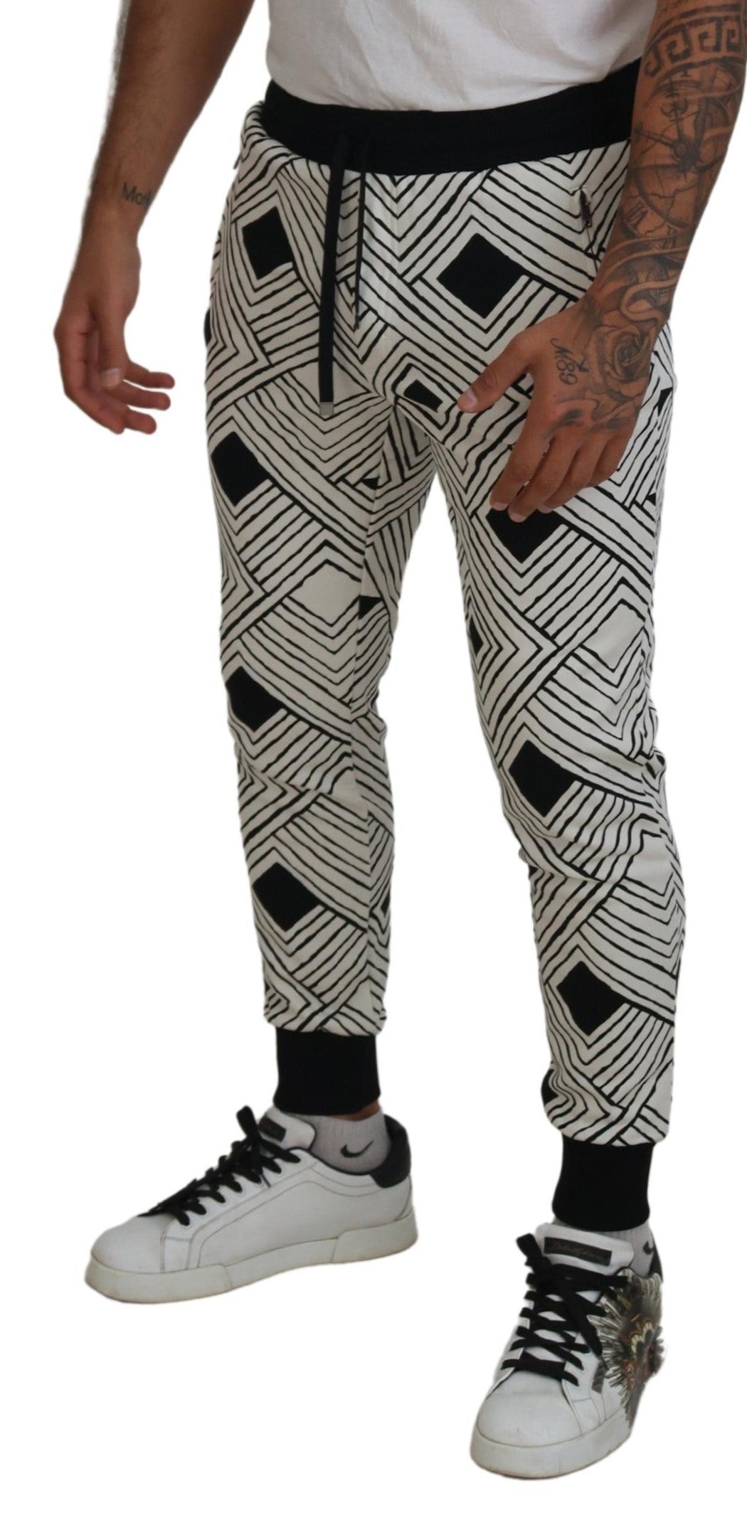 Dolce & Gabbana Men's Black White Cotton Trousers Sport Pants