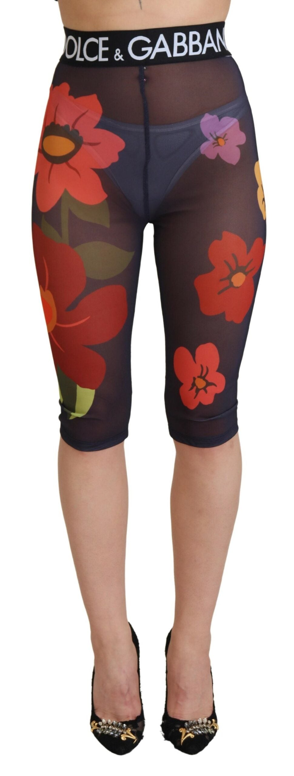 Dolce & Gabbana Black Floral 3/4 Tights Leggings Stretch Waist Pants