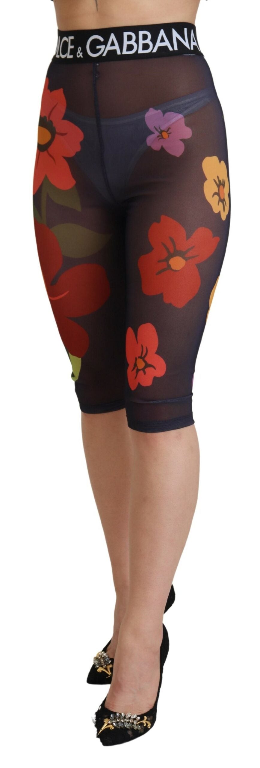 Dolce & Gabbana Black Floral 3/4 Tights Leggings Stretch Waist Pants