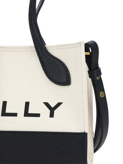 Mini Clutch Handbag by Bally for women in calfskin leather & cotton black, white & monogram features a signature silhouette, showcasing a secure and signature with versatile handle for a sophisticated look.