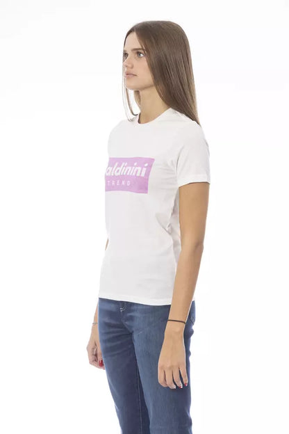 T-Shirt by Baldinini Trend for women in cotton white & print showcases a unassuming silhouette, artfully detailed with a refined crew neckline and unassuming for a sophisticated, contemporary look.