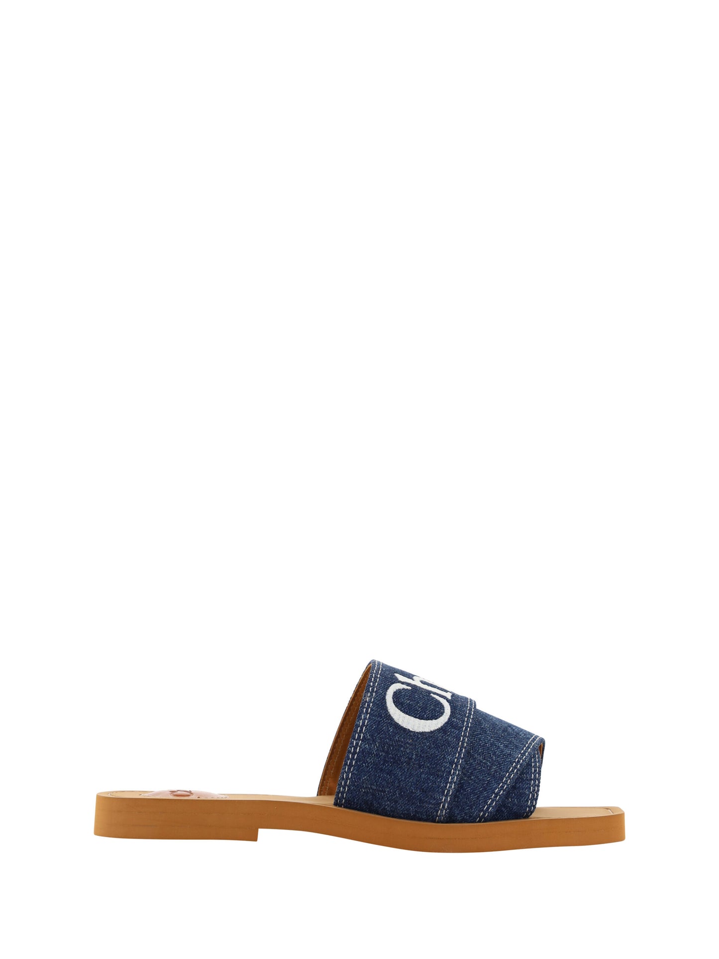 Flat Slider Sandals by Chloé for women in plush cotton denim blue & signature features an effortlessly chic silhouette from the Essence Grace Woody Women's Plush Cotton Denim Flat Slider Sandals collection, showcasing a effortlessly chic flat and elegant square toe style.