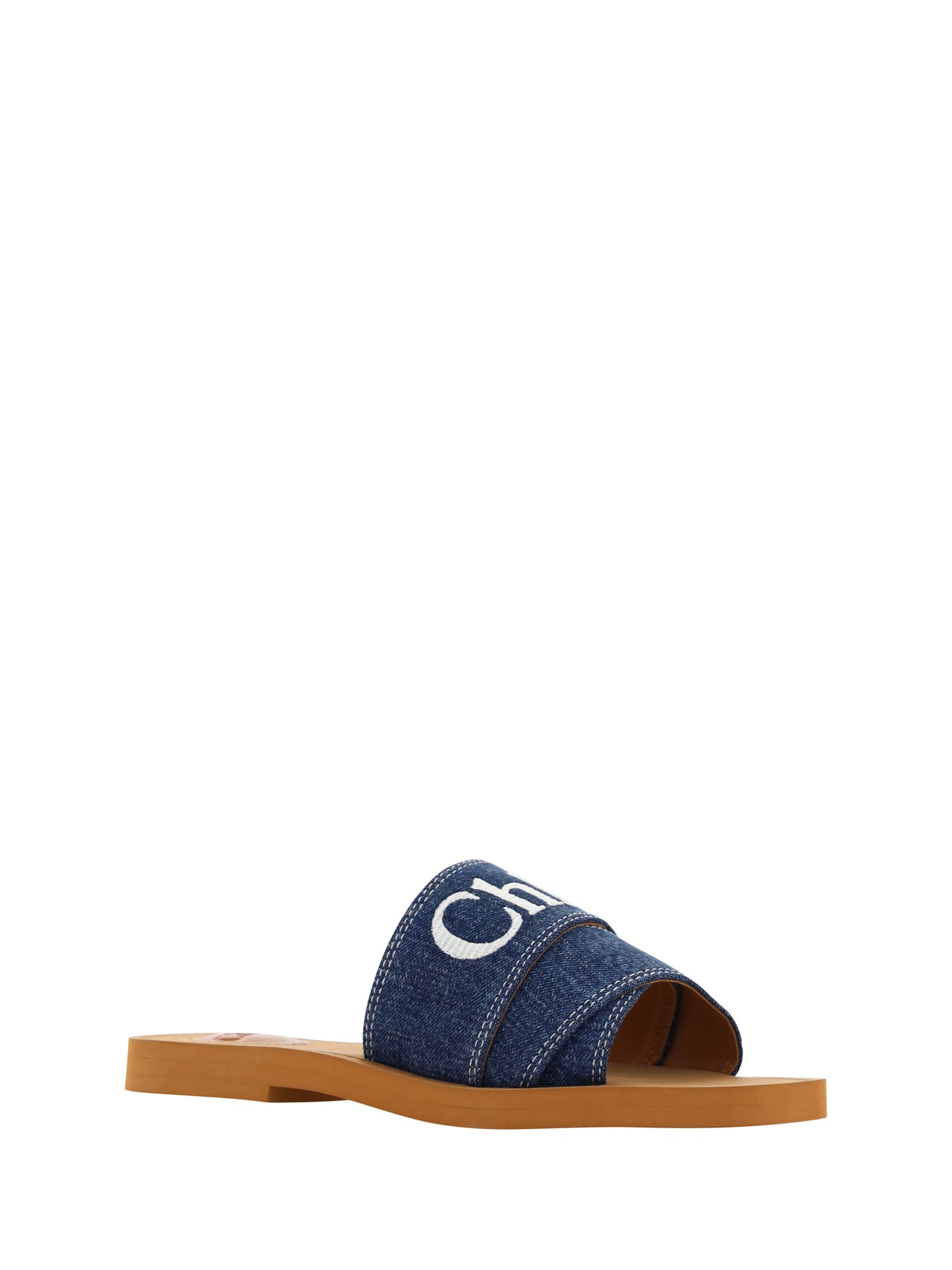 Flat Slider Sandals by Chloé for women in plush cotton denim blue & signature features an statuesque Essence Grace Woody Women's Plush Cotton Denim Flat Slider Sandals silhouette with a refined flat and elegant square toe style.