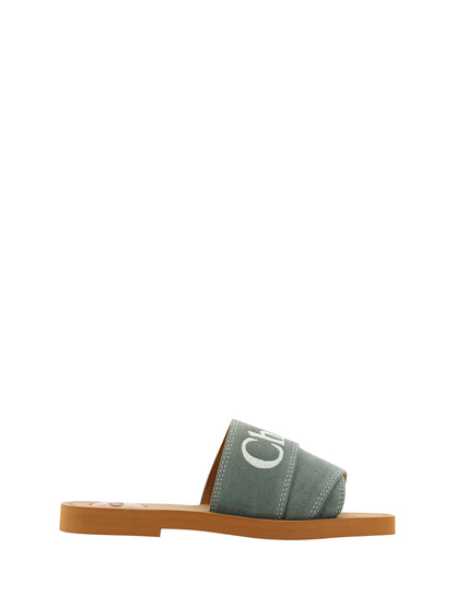 Flat Slider Sandals by Chloé for women in cotton & rubber green, patterned & signature features an architectural design from the Essence Women's Cotton & Rubber Flat Slider Sandals collection, defined by a architectural flat and square toe style for a architectural finish.