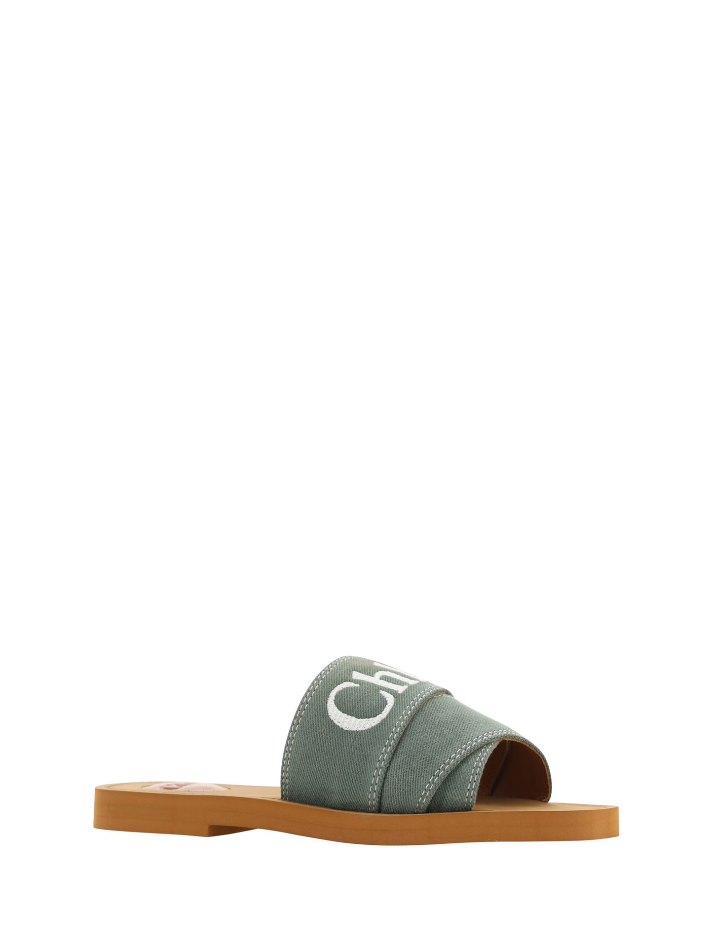 Flat Slider Sandals by Chloé for women in cotton & rubber green, patterned & signature features an exquisite silhouette, showcasing the exquisite Essence Women's Cotton & Rubber Flat Slider Sandals with a flat and square toe style.