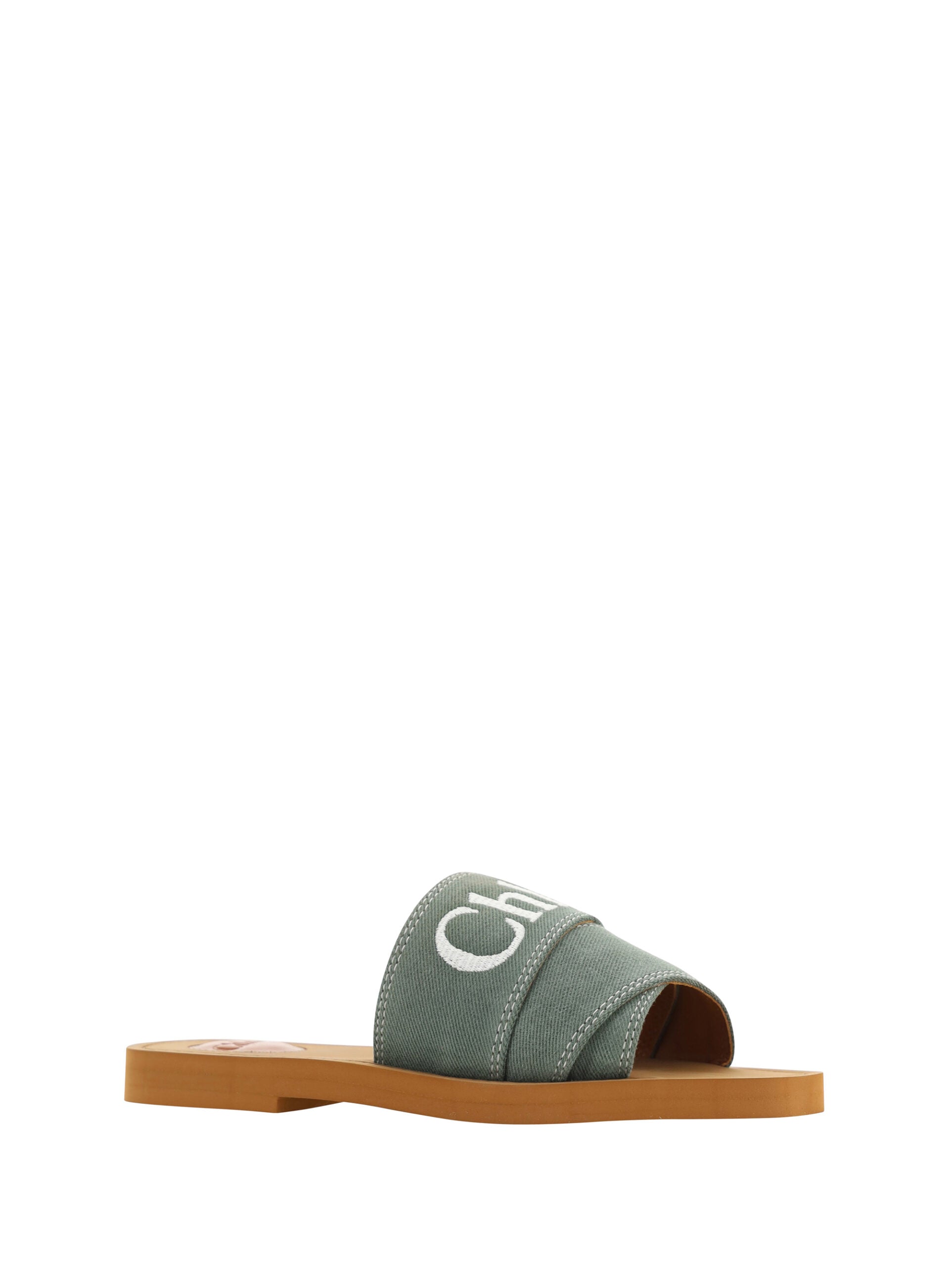 Flat Slider Sandals by Chloé for women in cotton & rubber green, patterned & signature features an exquisite silhouette, showcasing the exquisite Essence Women's Cotton & Rubber Flat Slider Sandals with a flat and square toe style.