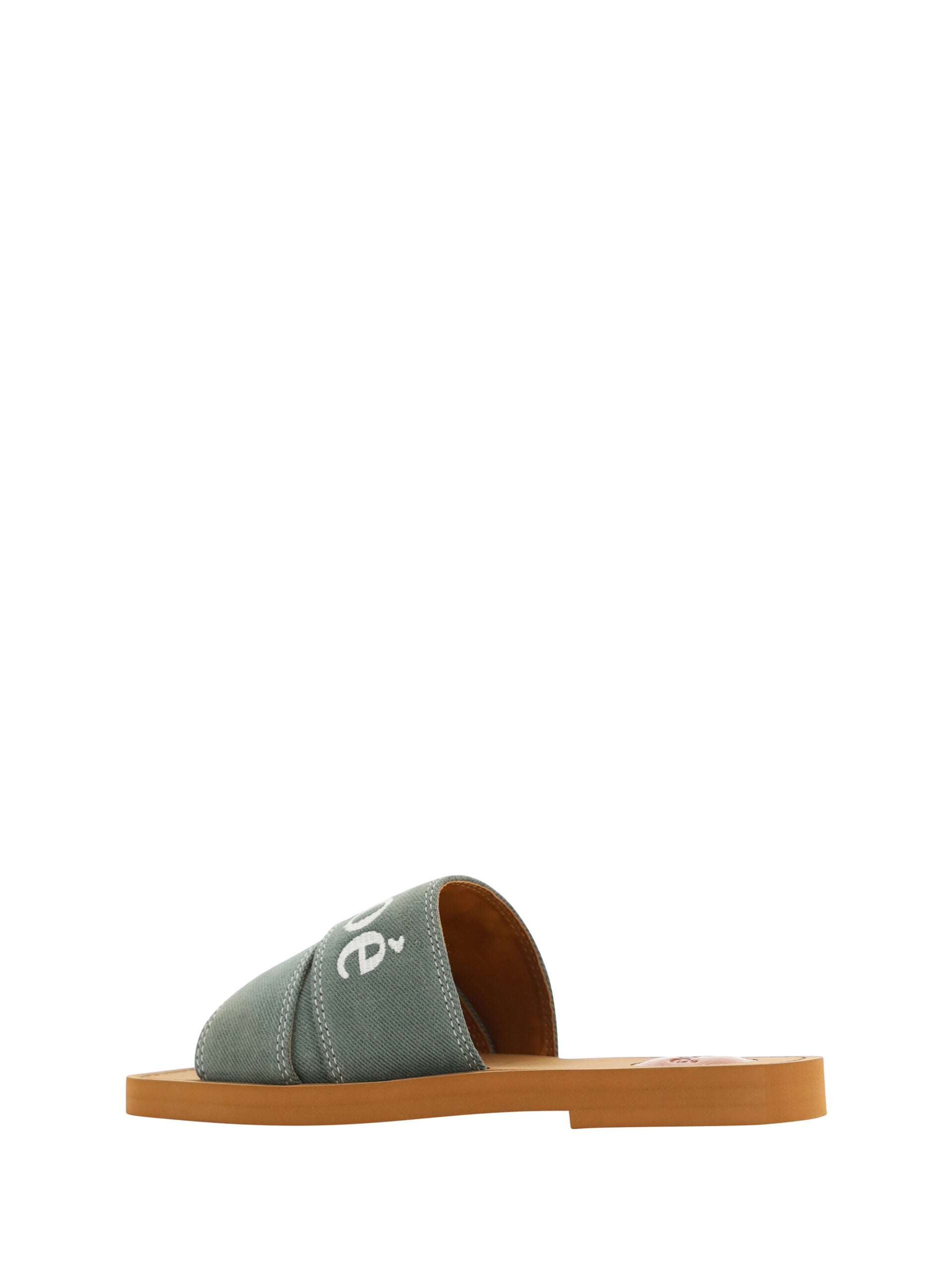 Flat Slider Sandals by Chloé for women in cotton & rubber green, patterned & signature showcases a sculptural silhouette as Essence Women's Cotton & Rubber Flat Slider Sandals, defined by a sculptural flat and sculptural square toe style for a sculptural look.