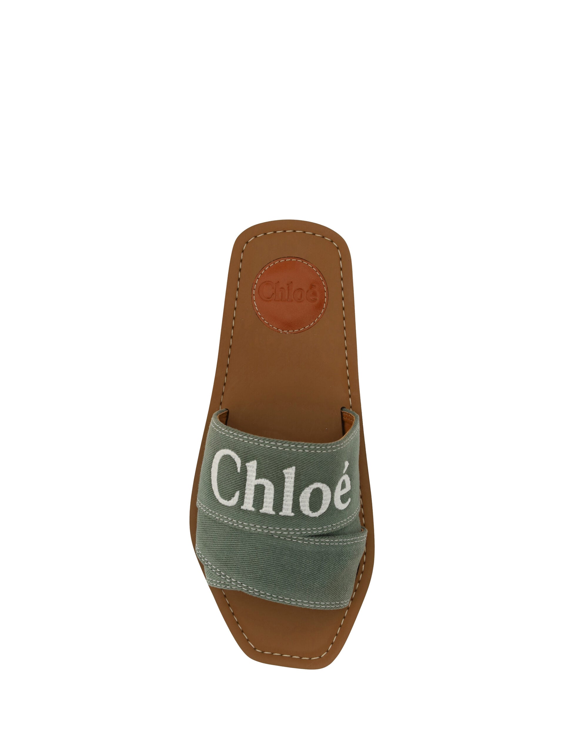 Flat Slider Sandals by Chloé for women in cotton & rubber green, patterned & signature features an effortlessly chic silhouette from the Essence Women's Cotton & Rubber Flat Slider Sandals collection, showcasing a effortlessly chic flat and elegant square toe style.